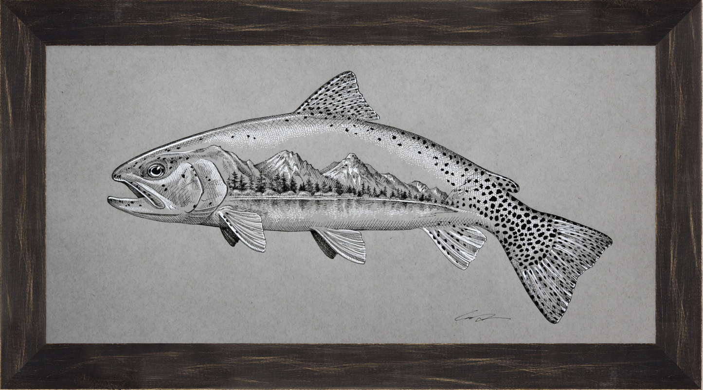 A drawing of a cutthroat trout with a mountain and lake scene inside it, framed in rustic black frame