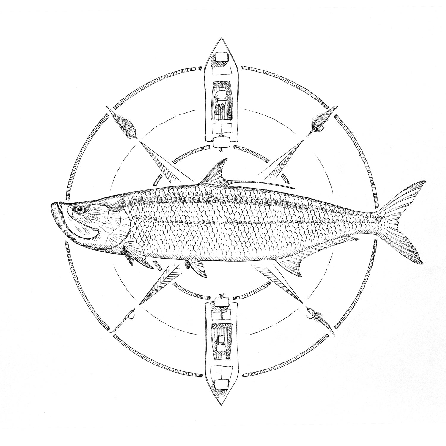 A black and white drawing of a tarpon in the middle of a compass that has flies and drift boats featured on it