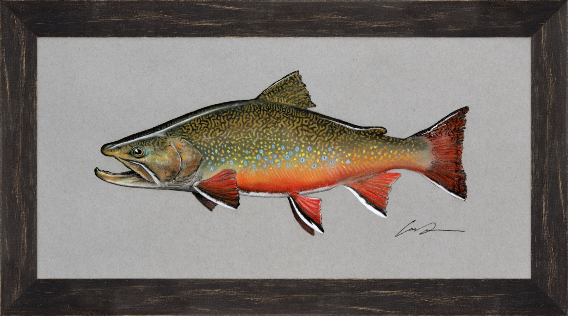 A full color pastel drawing of a Brook trout on gray paper, framed in black rustic frame