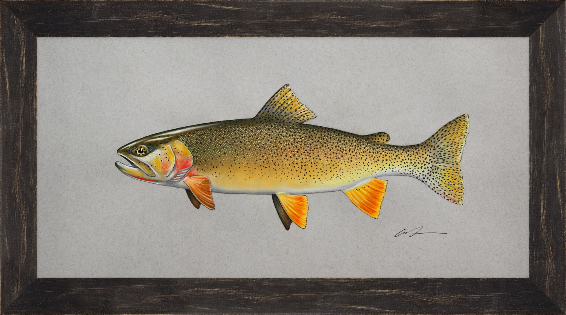 A pastel drawing of a fine spotted snake river cutthroat trout, framed in black rustic frame